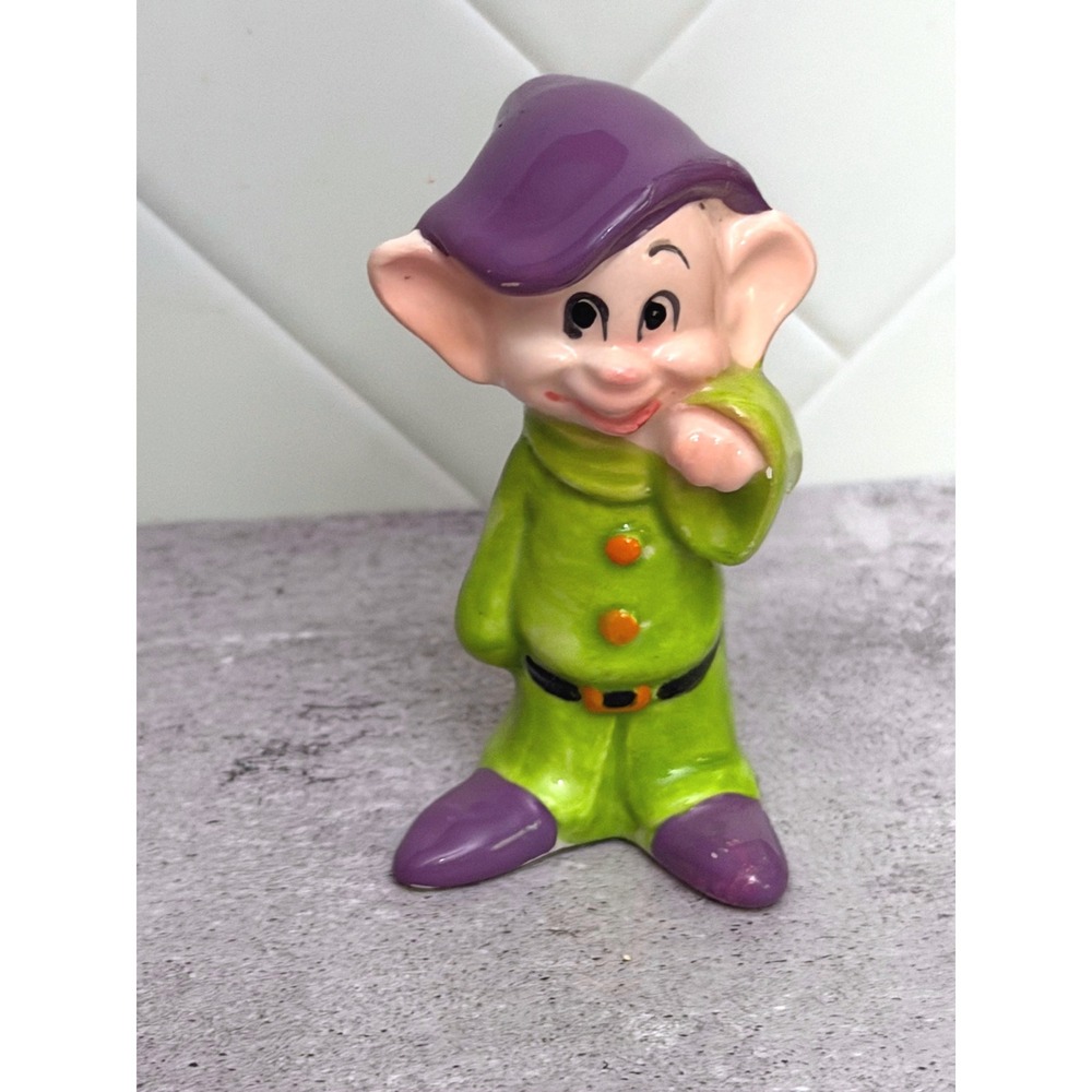 Disney Snow White Dopey Ceramic Figurine Green Purple Dwarf Hand Painted 3.25"